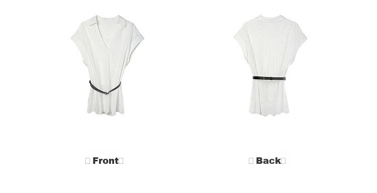 Demana Pure Cotton Light Life Summer V-Neck Lace Embroidered Shirt Color-Block Belted Short Sleeve Blouse for Women 13