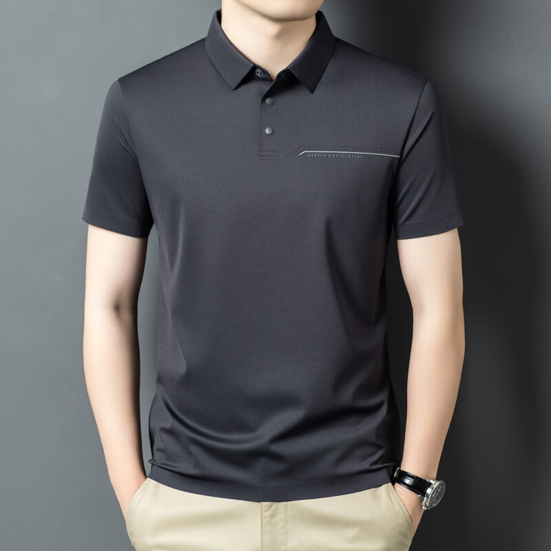 Edenbo Men's Short Sleeve Polo Shirt Modal Mulberry Silk Casual Top Dark Gray 170/88A (L)