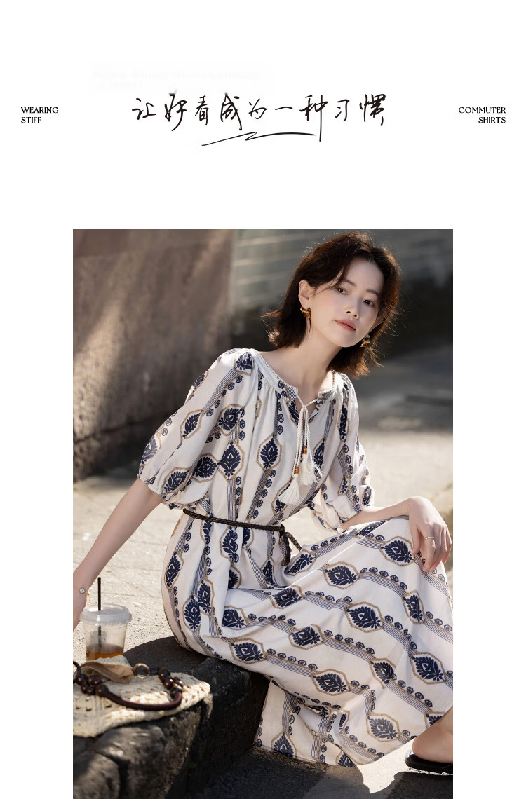 Demana [Vacation Choice] Summer Ethnic Style Printed V-Neck Tassel Tie Loose Slim Shirt for Women Premium Feel 10