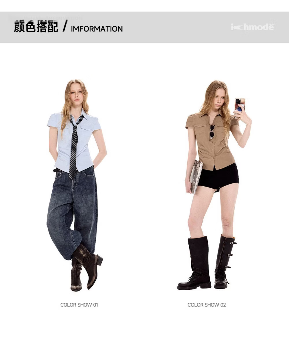 ICH MODE Pleated Waist-Tie Short Sleeve Shirt Women Summer New Slim Fit Pocket Blouse Waist-Cinching Shirt Jacket Blue S 2