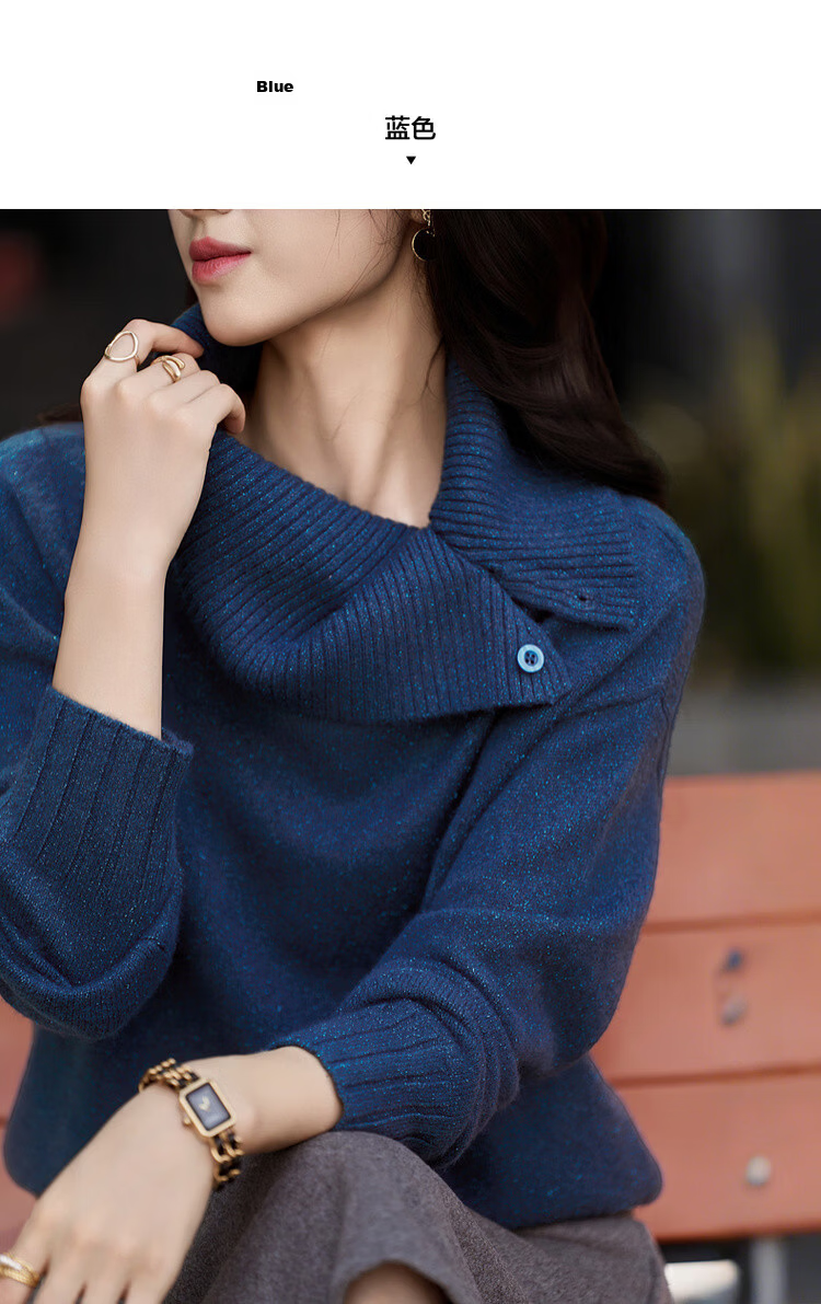 Demana Red Rose Nocturne Winter Vintage Elegant Asymmetric Neckline Slimming Knit Sweater for Women 12