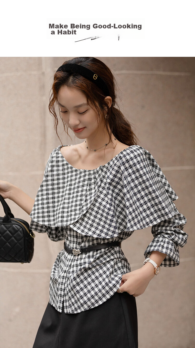Demana [Cloud Soft Cotton Blend] Spring Off-Shoulder Ruffle Side Ruched Plaid Petite Women's Shirt 1
