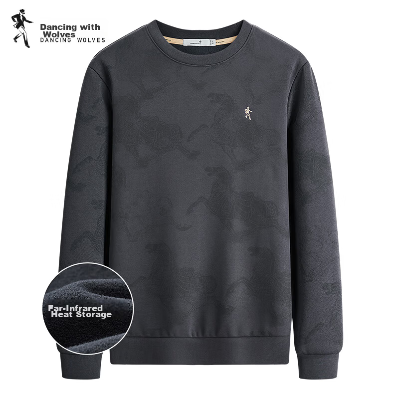DANCING WOLVES Fleece-Lined Heat-Retaining & Antibacterial National Trend Print Versatile Crew Neck Sweatshirt for Men 015 Dark Gray 3XL