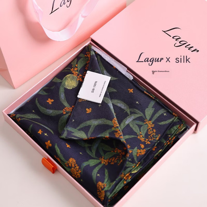 Lagur Original "Night Osmanthus" Mulberry Silk Scarf Silk Square Scarf Rolled Edge Night Osmanthus (Pink Gift Box)