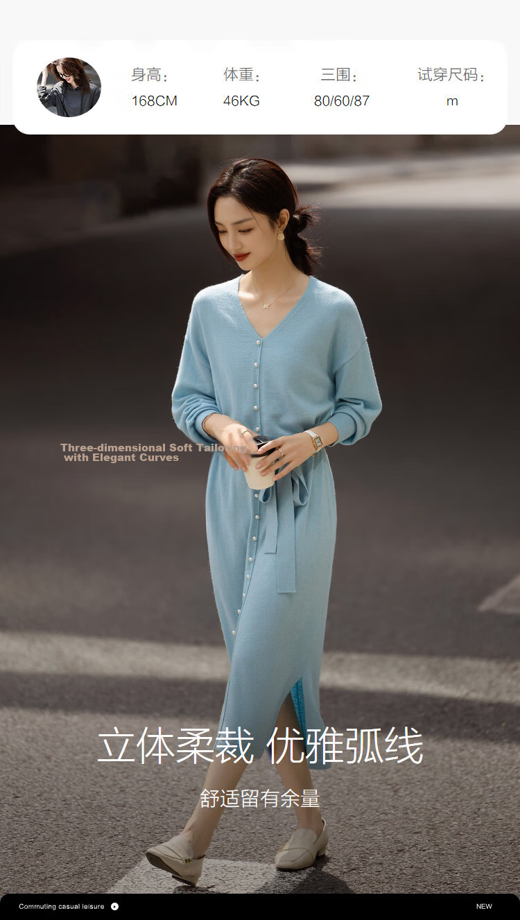Demana Women's Spring Soft V-Neck Pearl Button Drop Shoulder Adjustable Waist Dress with Wool 11
