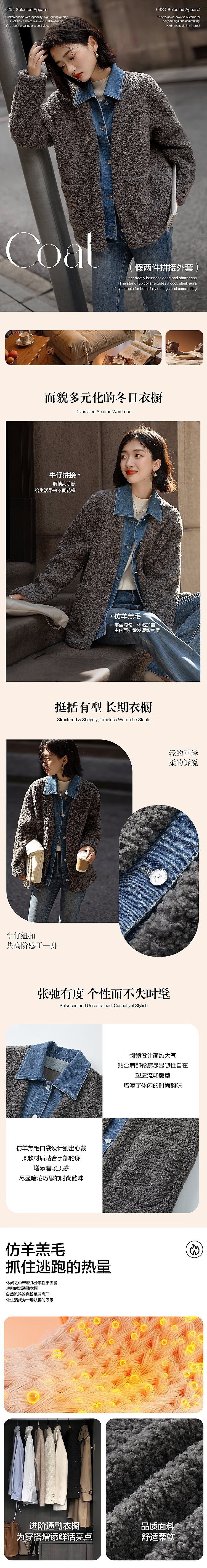 Demana [Fog Harbor Warm Home] Winter Faux Shearling Spliced Denim Lapel Mid-Length Women's Coat with Fake Two-Piece Design 1