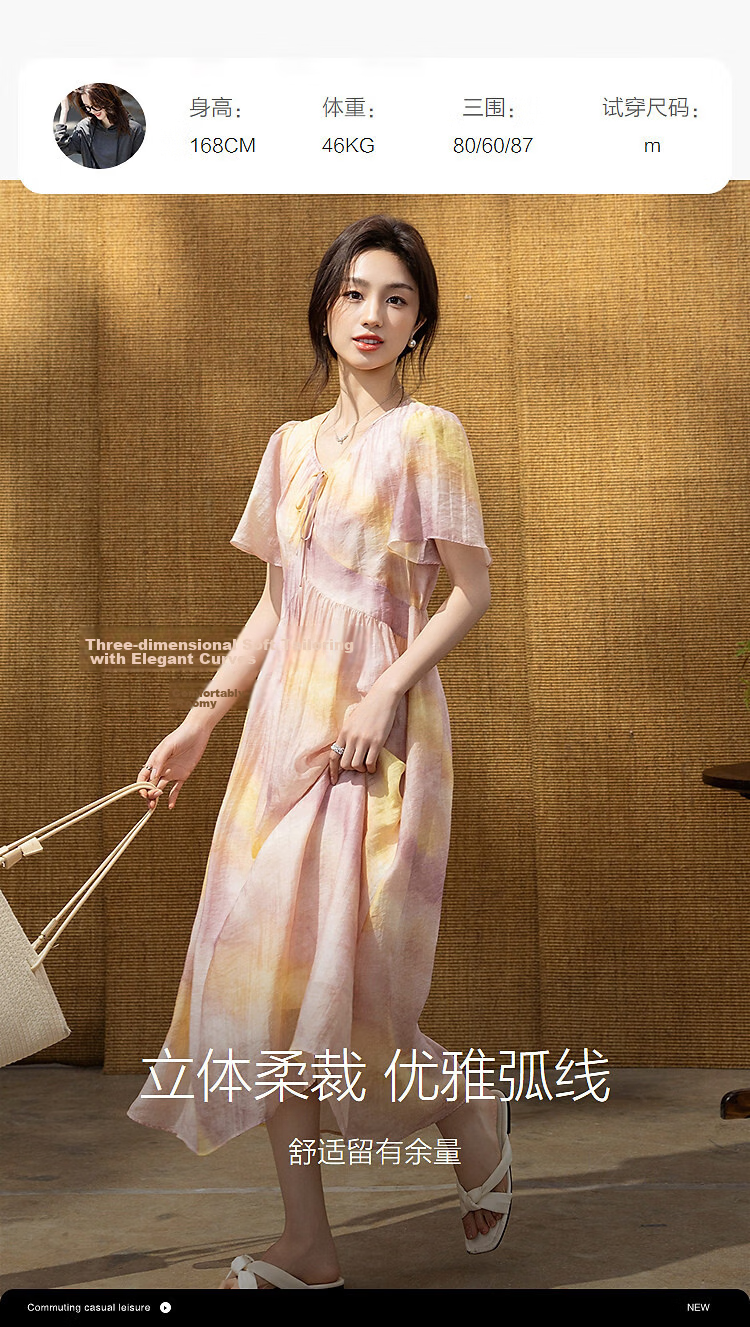 Demana Breathable Tencel Summer Romantic V-Neck Bowknot Print Flared Sleeve Slim Fit Dress for Women Premium 9