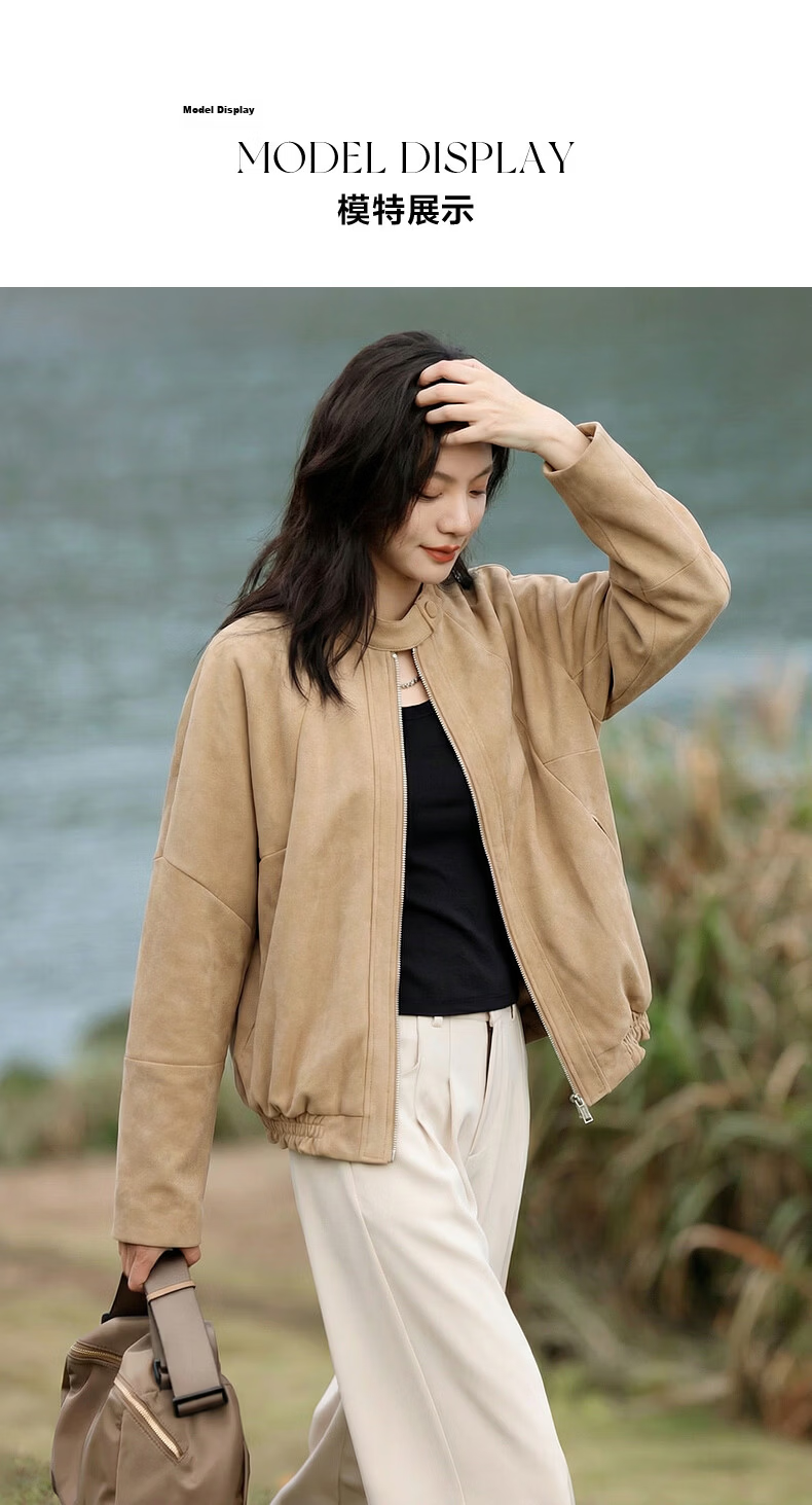 Demana [Wilderness New City] Spring Minimalist Stand Collar Invisible Edge Short Loose Slim PU Jacket for Women Premium 8