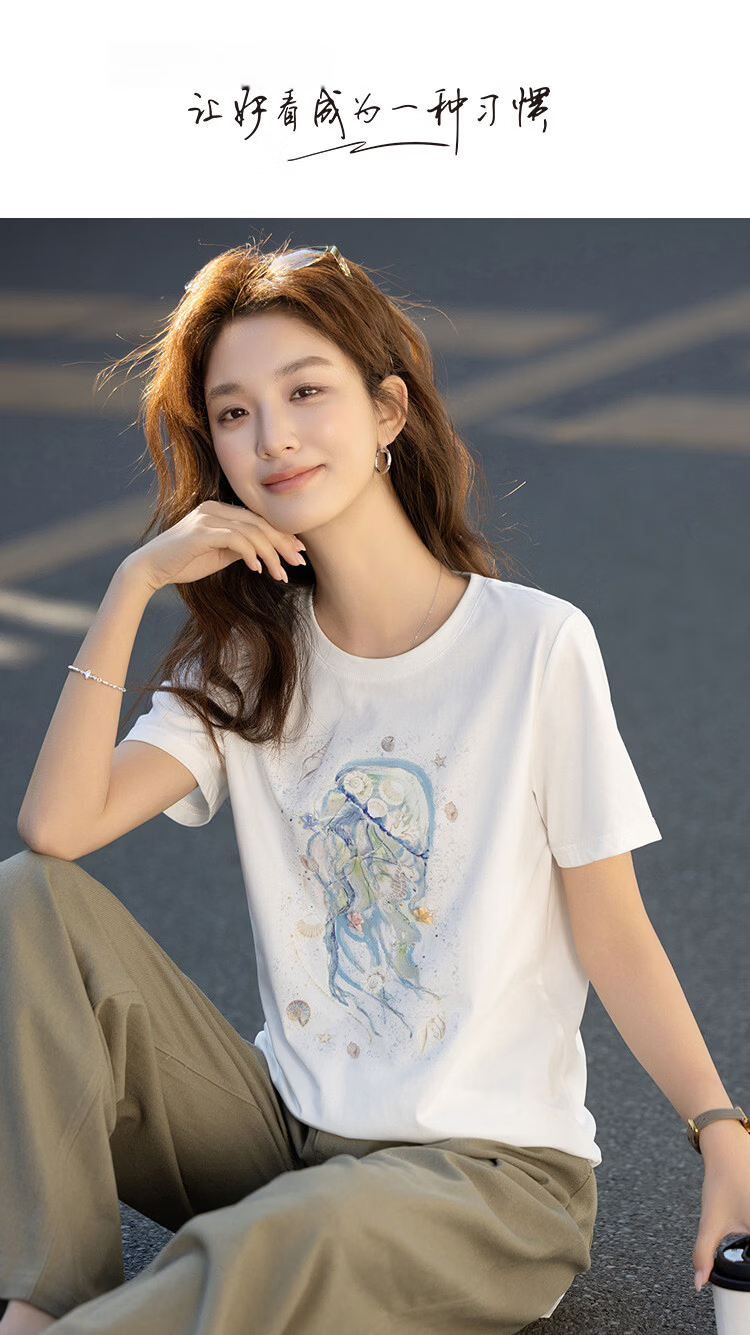 Demana [Cool Feeling Sorona] Summer Fashion 3D Ceramic Starfish Handmade Beaded Slimming Concealing T-Shirt for Women Premium 1