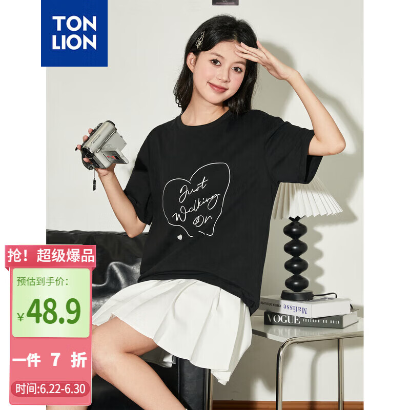 TonLion 2025 Women's Crew Neck Printed Short Sleeve T-Shirt Black M