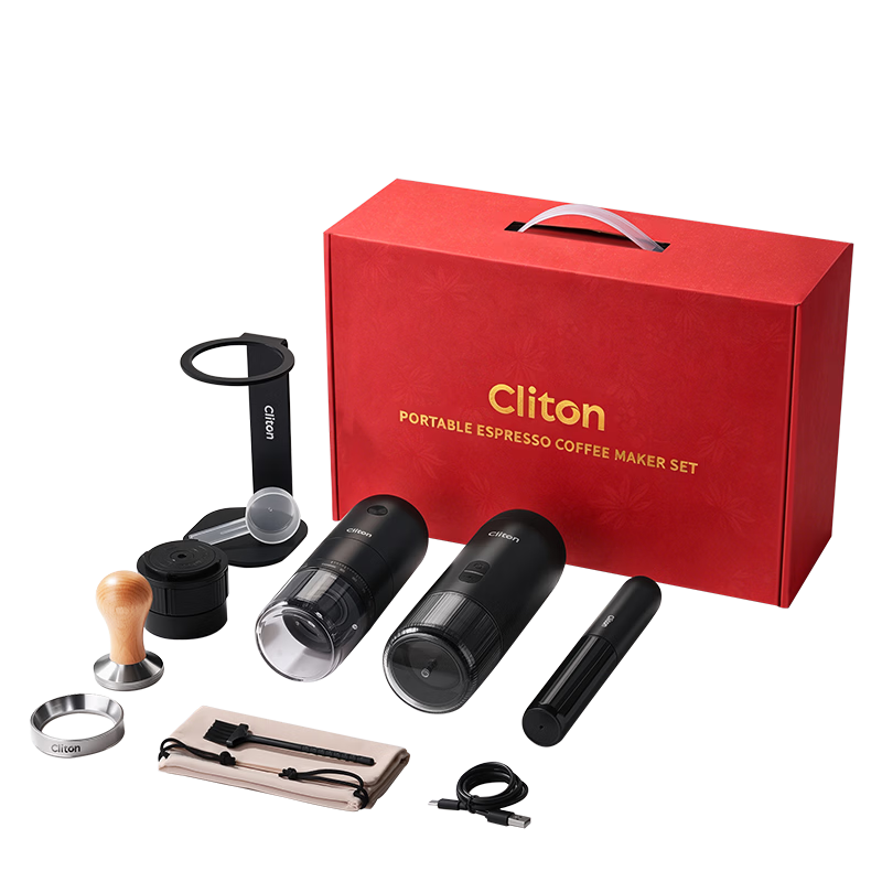CLITON Portable Coffee Grinder Espresso Semi-Automatic Coffee Machine Tamper Milk Frother Stand Gift Box Set
