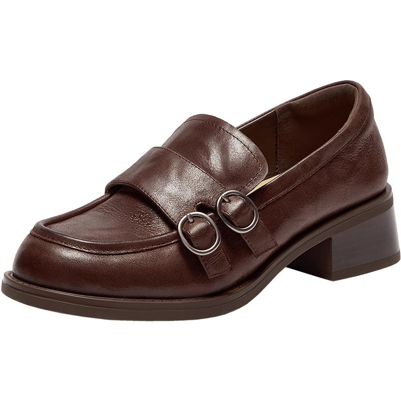 Bajia Le Fu Women's Loafers 2025 Autumn Cowhide Commuter Chunky Heel Shoes 51536CA5 Brown Size 38
