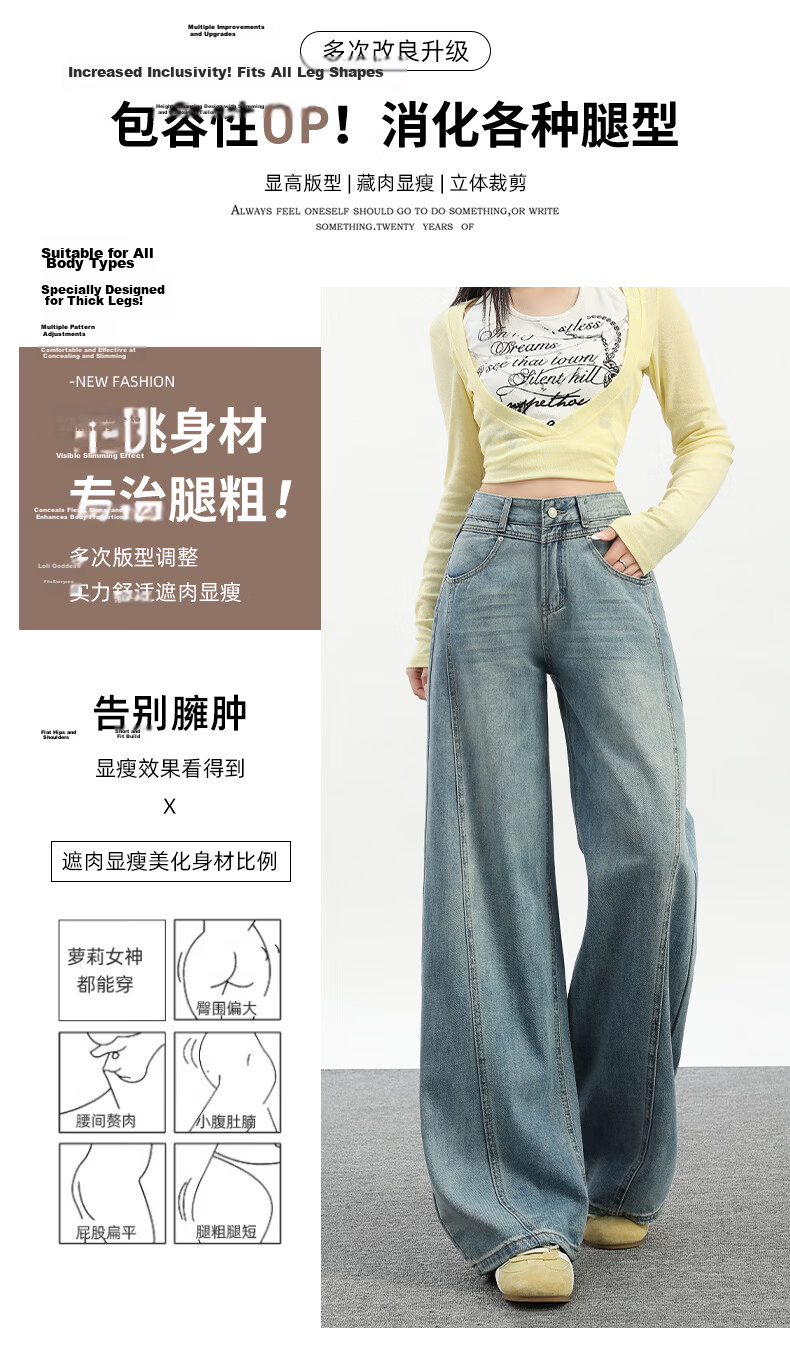 Jeanswest Women's Summer Wide-Leg Curved Seam High-Waist Slim Straight-Leg Blue Jeans XS 5