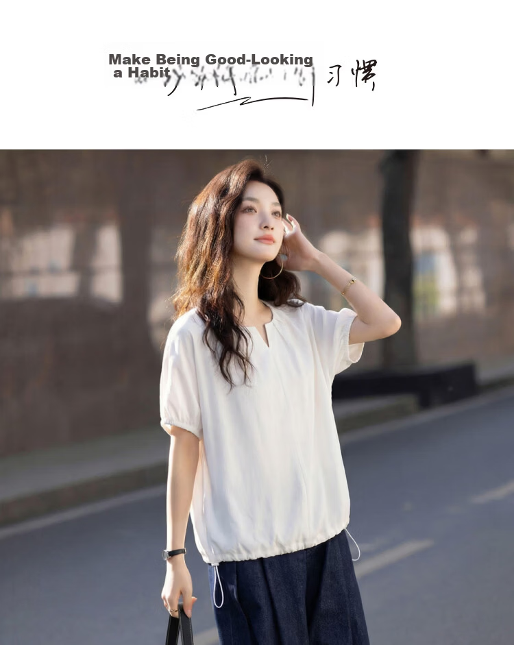 Demana [White Porcelain Plain Silk] Summer V-Neck Pleated Raglan Elastic Short Sleeve Loose Slim Shirt for Petite Women 1