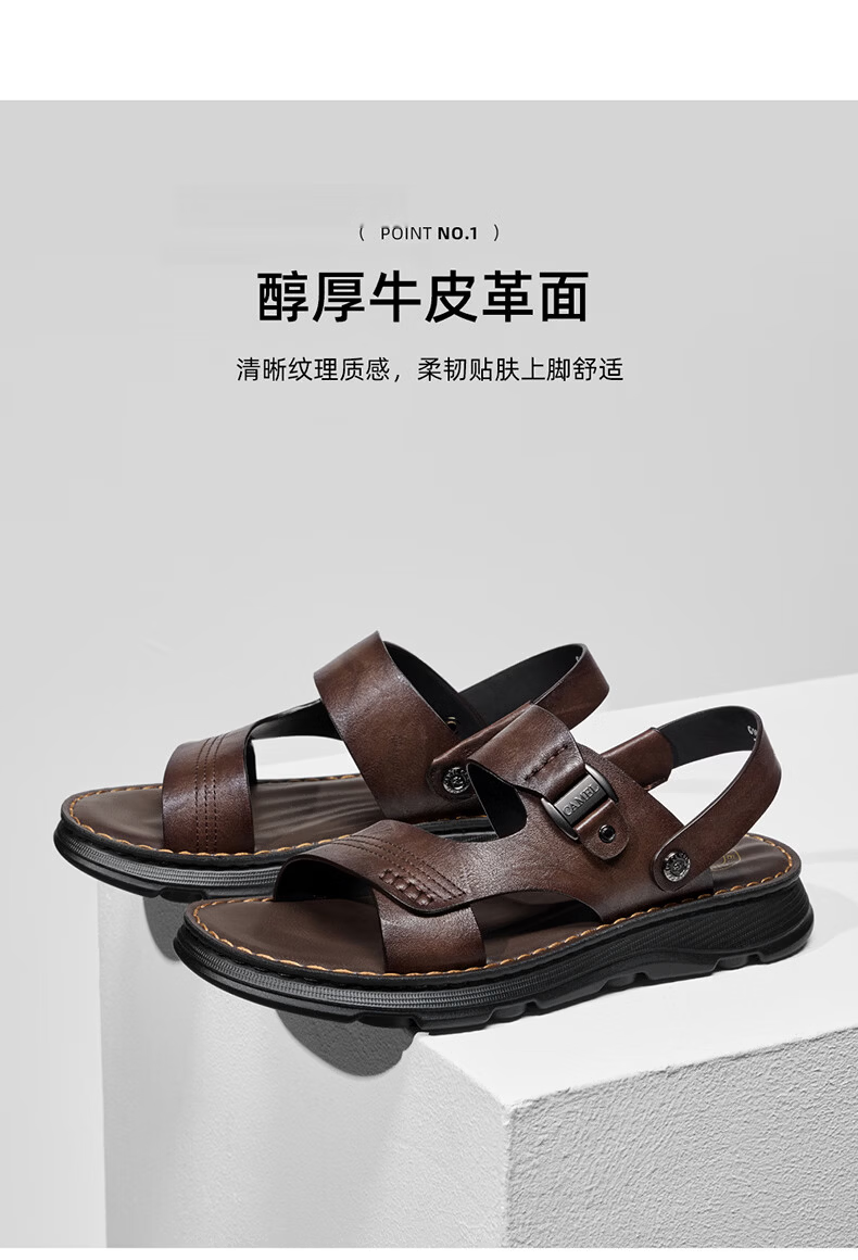 CAMEL Summer Cowhide Breathable Sandals, Two-Way Wear Business Men's Leather Shoes for Dad, G16M211020, Brown, Size 43 3