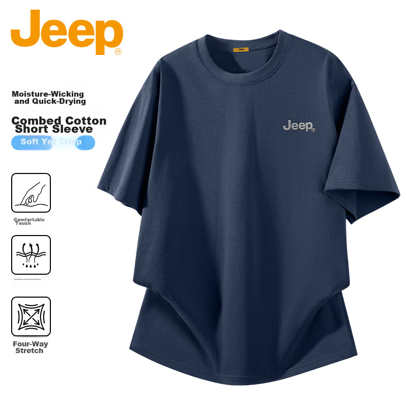 JEEP Men's Summer Casual Breathable Heavyweight Loose Fit Round Neck T-Shirt in Tranquil Blue, Size L