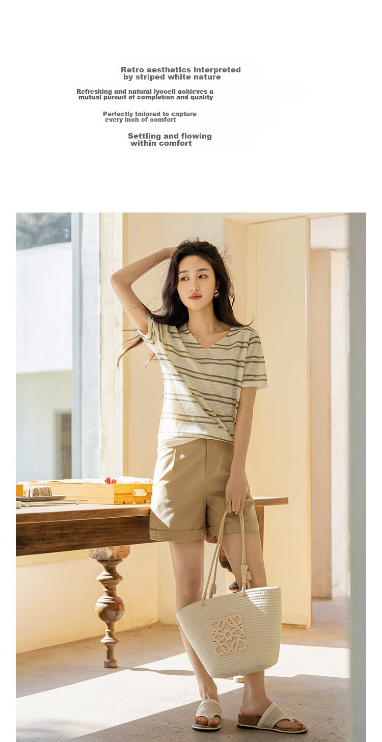 Demana [with Lyocell] Summer Lightweight V-Neck Striped Color-Block Short Sleeve Slim Fit Petite Knit Top for Women Premium Quality 6