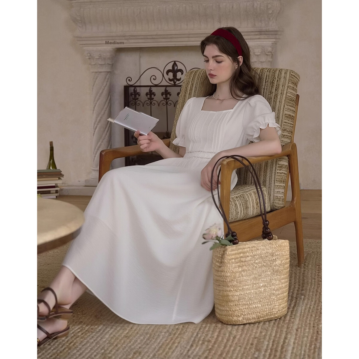Olrain Lace Short Sleeve Square Neck Dress Summer Women's French Country Mid-Length Dress Off-White M
