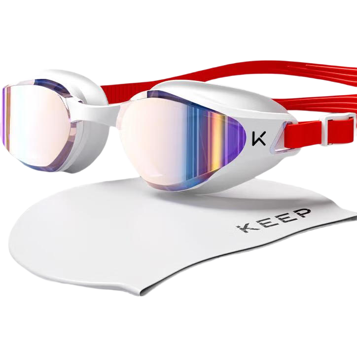 Keep Swimming Goggles, Waterproof And Anti-Fog, High-Definition for Men And Women, Diving Goggles with Swim Cap Set, 870 Flame White And Red