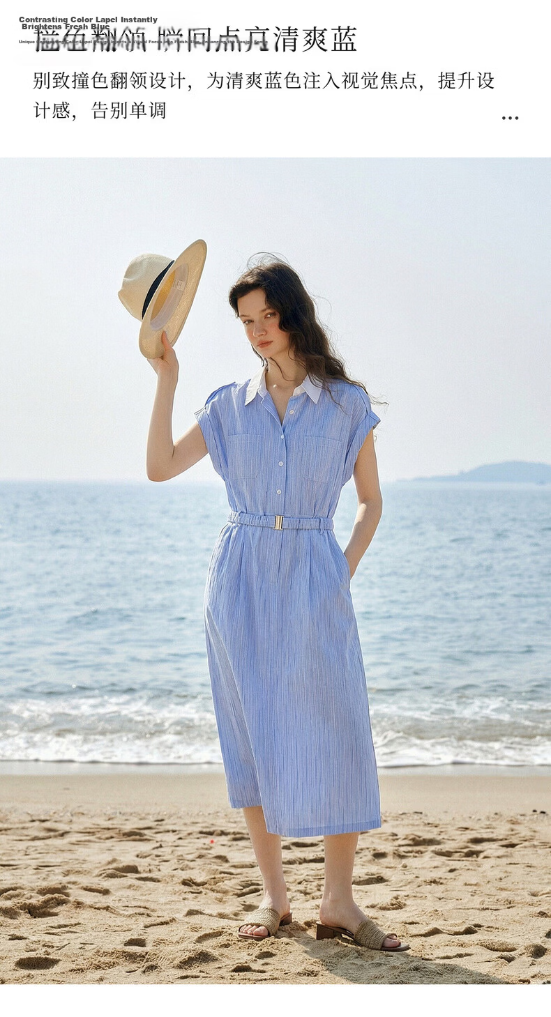 Olrain European Style Summer French Commuter Striped Shirt Dress Waist Slimming Elegant Short Sleeve Dress Blue S 3