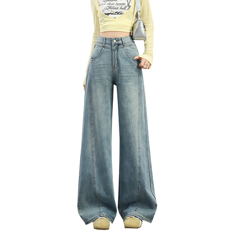 Jeanswest Women's Summer Wide-Leg Curved Seam High-Waist Slim Straight-Leg Blue Jeans XS
