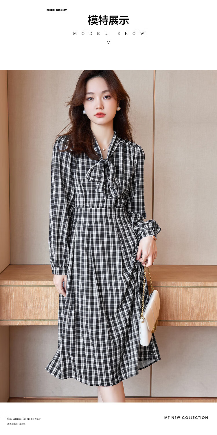 MT Black and White Checkered Bow Autumn Slim Fit Non-Stretch A-Line Long Sleeve Plaid Dress for Women 6