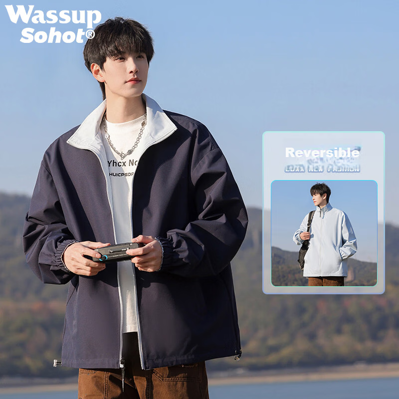Wassup Sohot Men's Reversible Jacket Spring Autumn Outdoor Casual Stand Collar Flight Jacket Moonlight Blue S