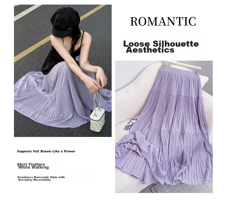 Langsha Pleated Mesh Midi Skirt for Women Spring Summer Draped Chiffon Cake Skirt High Waist Slim A-Line Flared Skirt 4