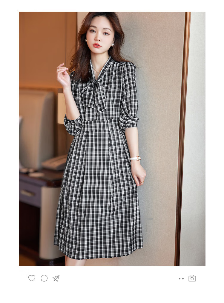 MT Black and White Checkered Bow Autumn Slim Fit Non-Stretch A-Line Long Sleeve Plaid Dress for Women 3
