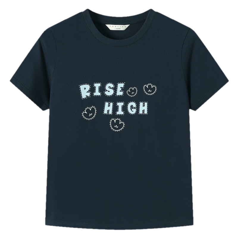 TonLion 2026 Summer New Women's Short Sleeve T-Shirt American Early Spring Stylish Navy Blue Slim Fit Top