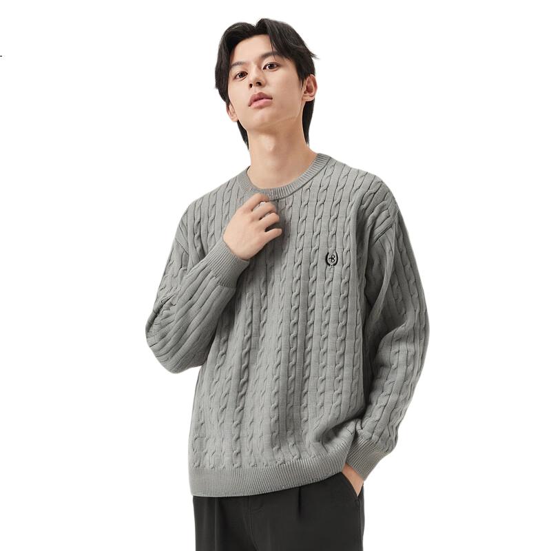 Gxgjeans Men's Embroidered Cable Knit Warm Crew Neck Sweater Knitwear 2025 Winter New Gray Coffee 180/XL