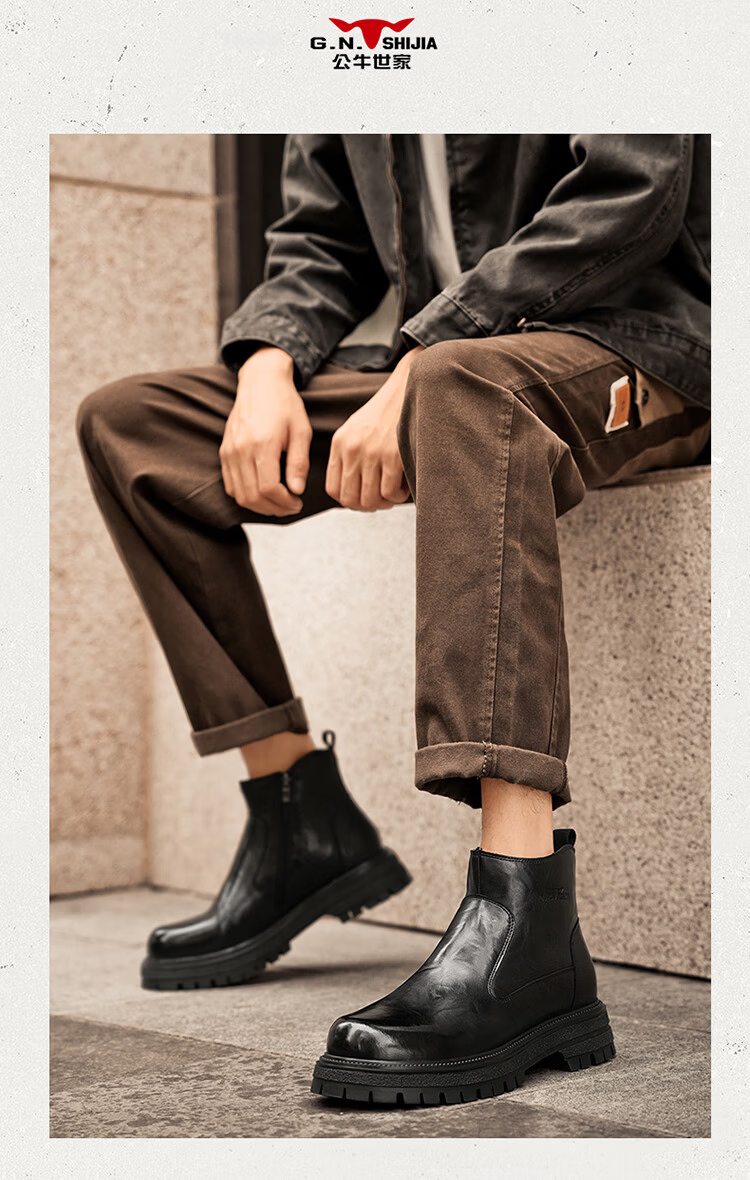Bull Family Martin Boots Men 2026 Winter New British Style Thick Sole Side Zipper Leather Boots Men's Versatile High-top Work Boots 13