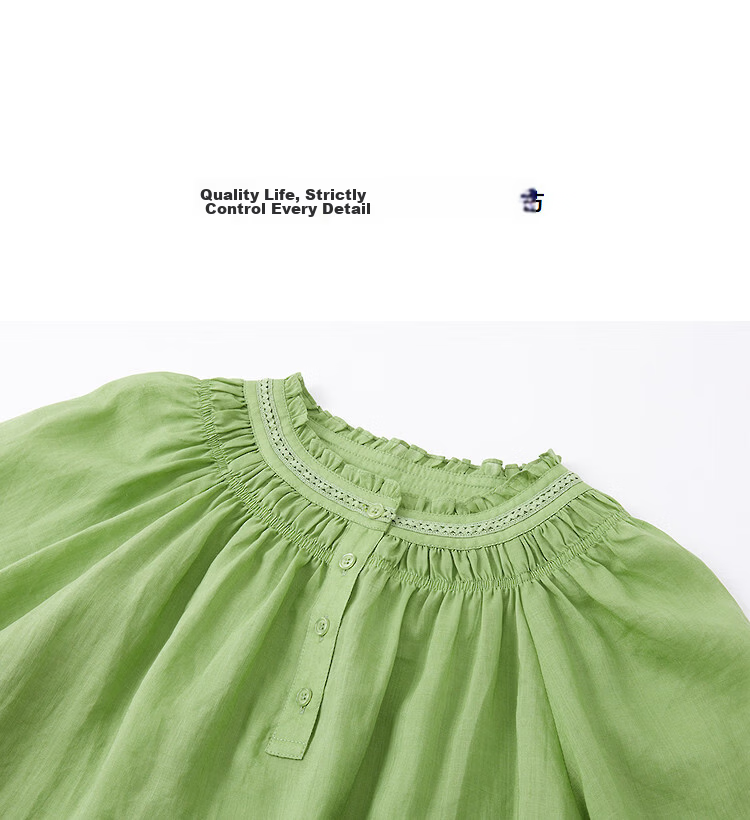 Demana [Ramie Lyocell Blend] Spring Ladies Small Ruffled Round Neck Rubber Shirred Petite Women's Shirt 15