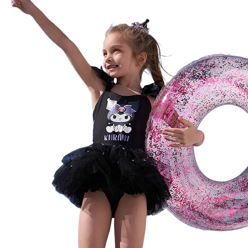 Aimer Kids Holiday Swimsuit Kuromi IP Girls' One-Piece Swimwear Set, Black Swan Kuromi, Size 160