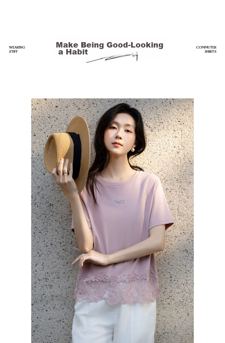 Demana [Qinshuang Solona] Summer Simple Style Rhinestone Lace Trim Letter Slim Fit T-Shirt for Women Premium Feel 13