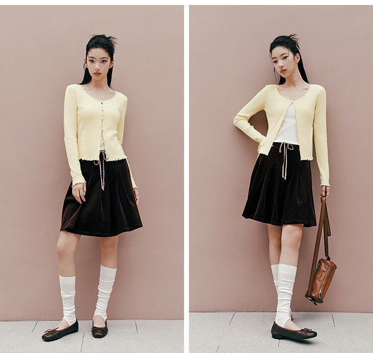 Semir [Pure Cotton] Long Sleeve T-Shirt Women 26 Autumn Short Slim Lace Trim Thin Cardigan 109526101005 26