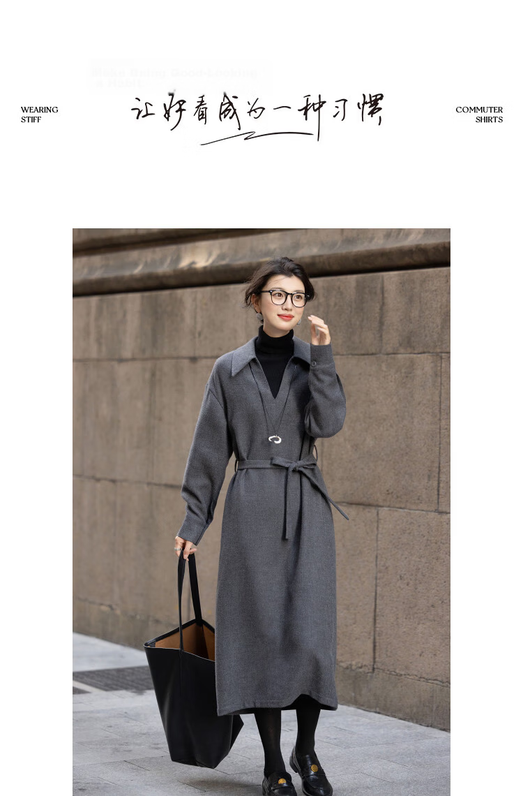 Demana [French Luxury Style] Winter Urban V-Neck Thick Textured Wool Belted A-Line Women's Dress 10