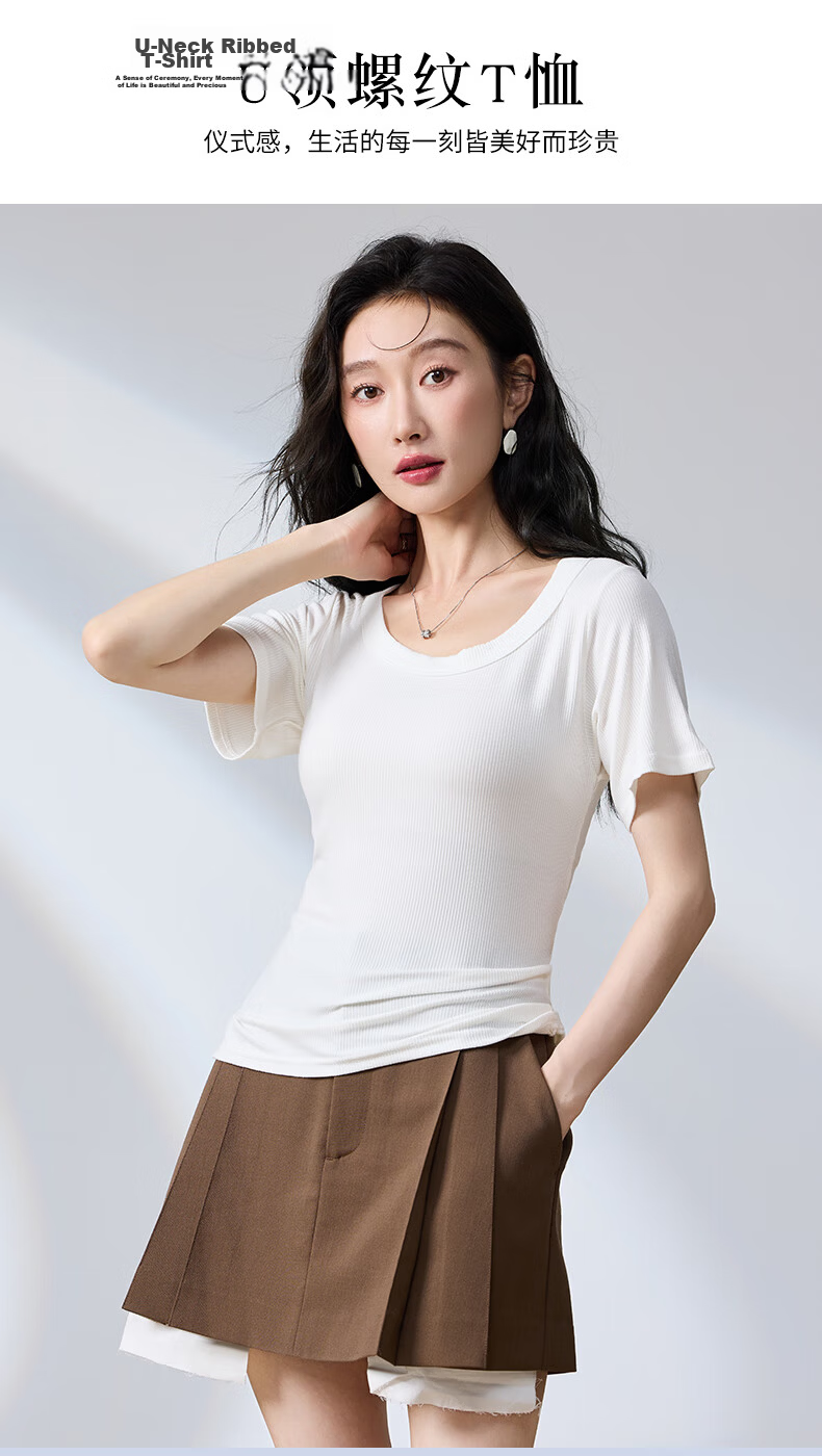 BOPRUIEY Women's Summer Short Sleeve Solid Color Ribbed Large Round Neck Slim Fit T-Shirt Top 1
