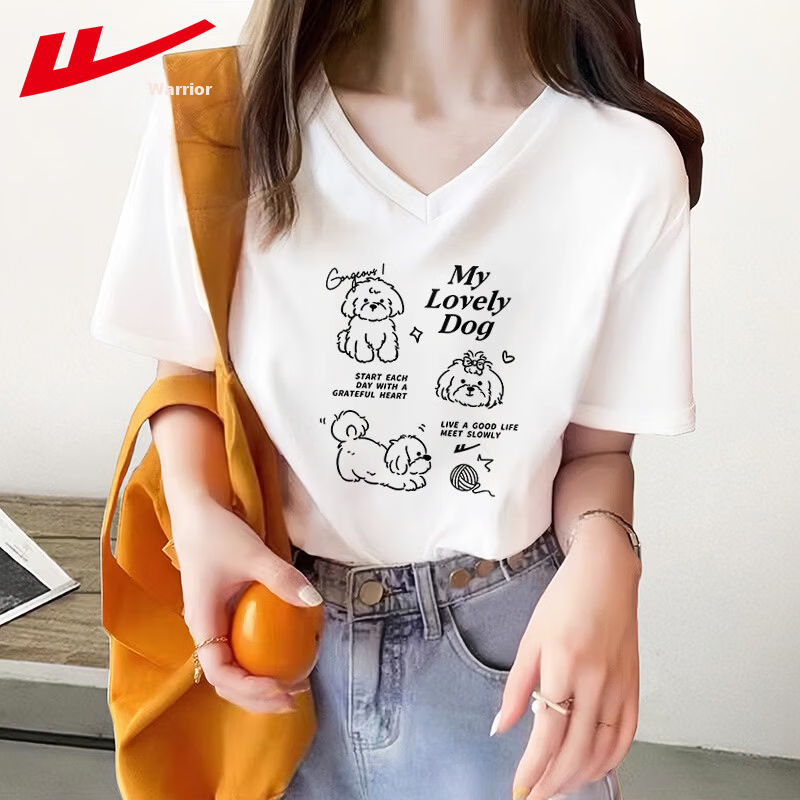 Warrior 100% Cotton V-Neck Short Sleeve T-Shirt Women 2026 Summer New Loose Slim Fit Casual Versatile Top