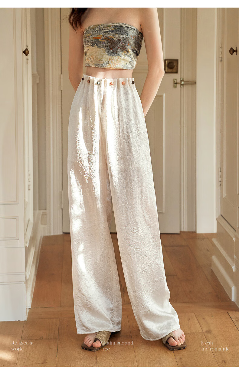 Olrain Eurier Beaded Lazy Vacation Straight-Leg Pants Women's Summer Loose Slim High-Waist Trousers Apricot XL 2