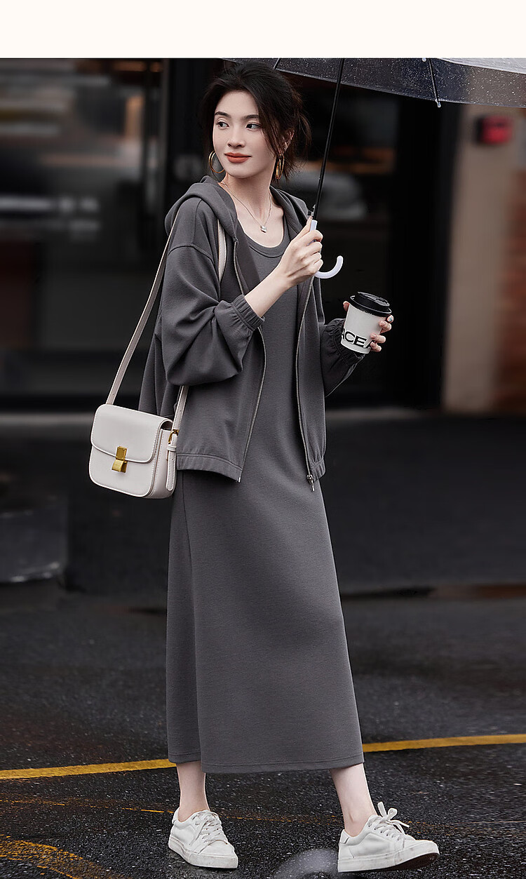 Dme [Laoqian Lazy Knit Set], Autumn Loose Shoulder Relaxed Top U-Neck Vest Dress Two-Piece Set for Wome 13