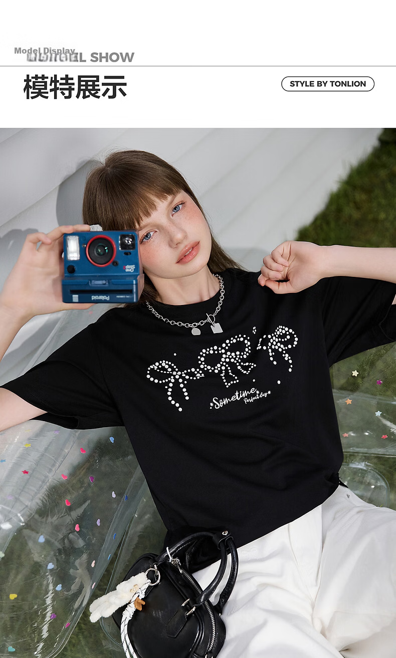TonLion 2026 Summer New Women's Short Sleeve T-Shirt Black Bowknot Girl Style Cotton Round Neck Stylish Design 6