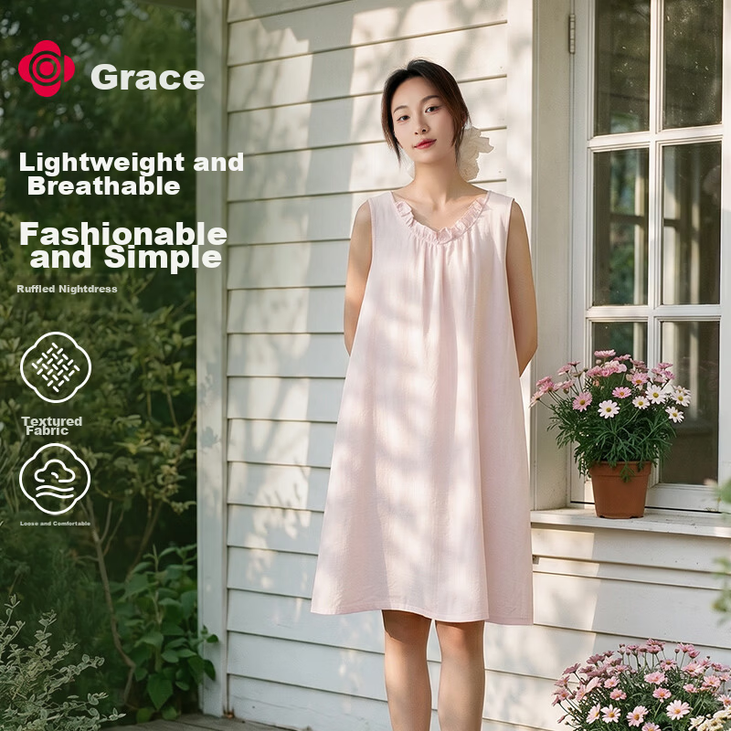 Grace Women's Summer Sleepwear Sleeveless Slip Dress Ultra-Thin Ruffled Breathable Comfortable Nightgown