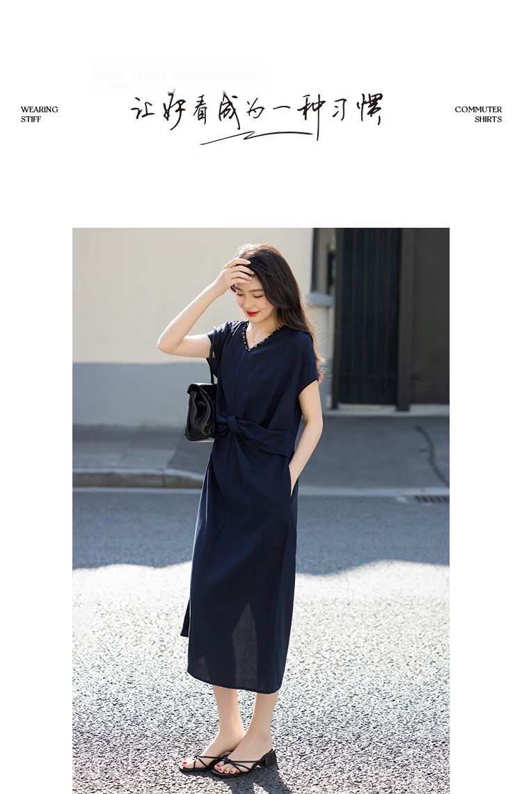 Demana Elegant Commuter Summer V-Neck Hand-Beaded Knot Shoulder-Cover Sleeve Loose Dress for Women Premium Feel 10