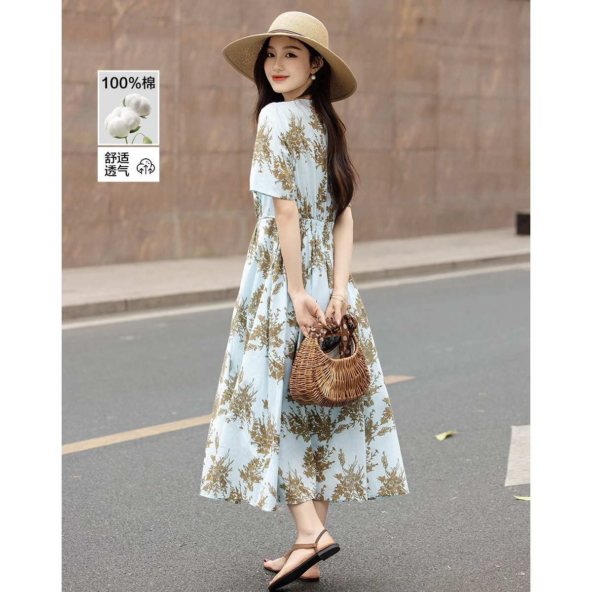 Demana Fresh Cotton Summer Vacation Style V-Neck Puff Sleeve Waist-Cinched Flared Slimming Dress for Women Premium