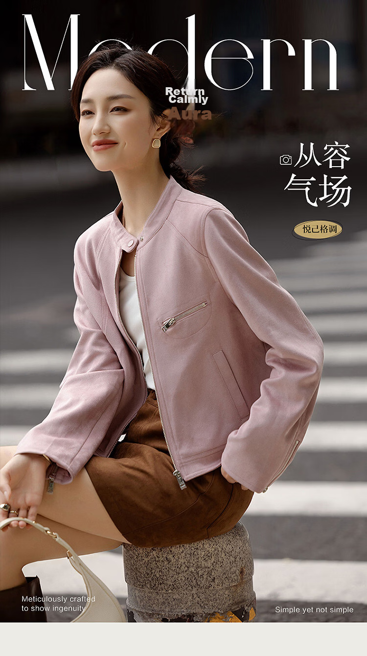 Demana Sweet Cool Korean Style Spring Stand Collar Suede Splice Zipper Decorative Jacket Short Petite Women's Coat 1