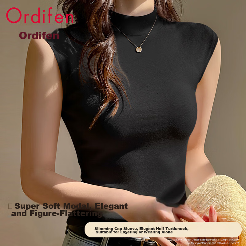 Audifine Women's Sleeveless Camisole Spring Summer Breathable Cotton Modal Mid-Neck Vest Black M