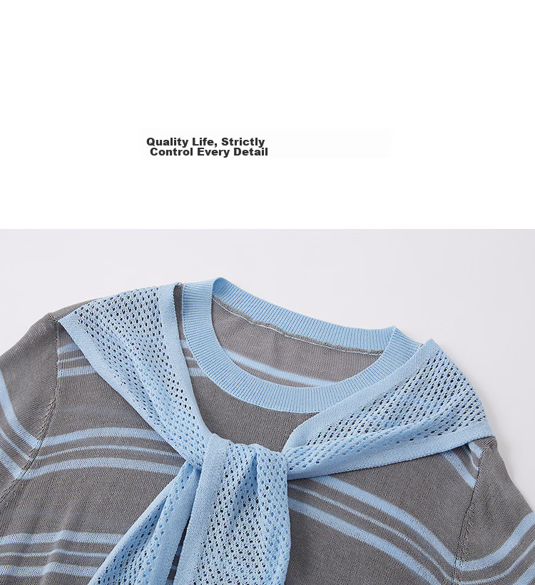 Demana Breathable Yarn Spring College Style Ribbon Striped Loose Slim Short Sleeve Women's Knit Sweater 15