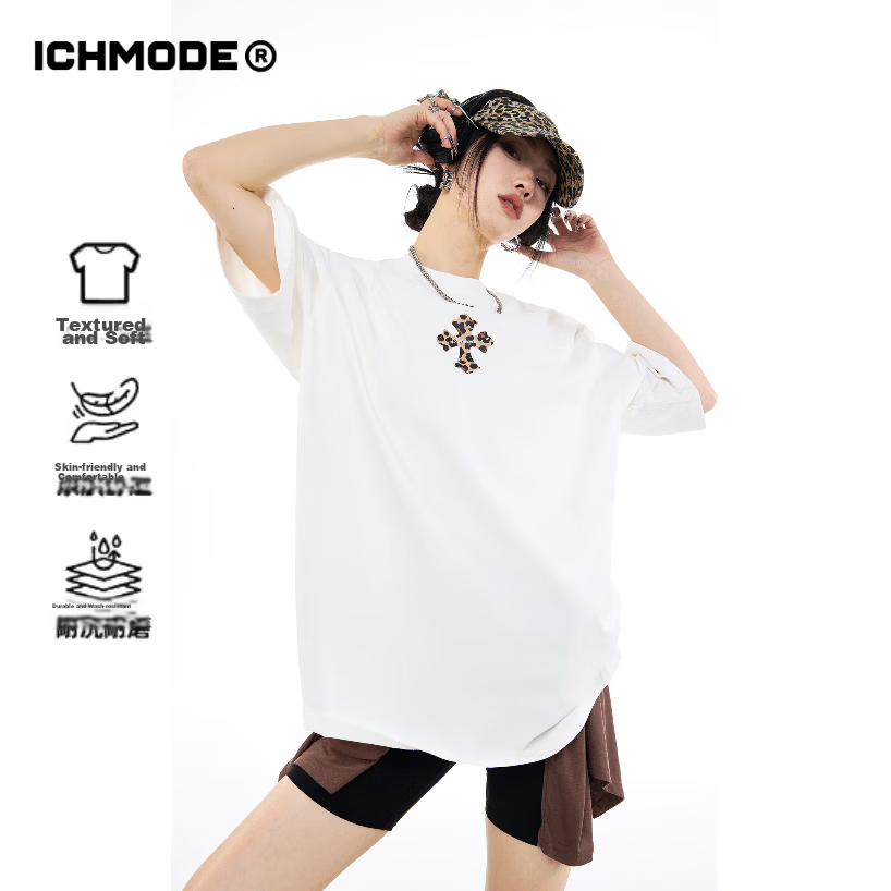 ICH MODE Leopard Print Cross Vintage Short Sleeve T-Shirt Women 2026 New Summer Round Neck Loose Sports Top White S