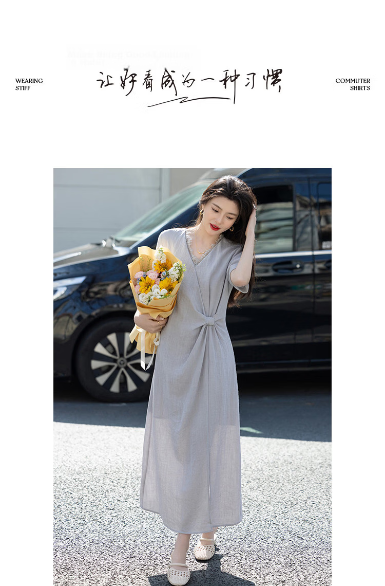 Demana [South France Holiday] Summer Elegant Lace V-Neck Twist Waist Slim Fit Petite Dress for Women Premium Quality 10